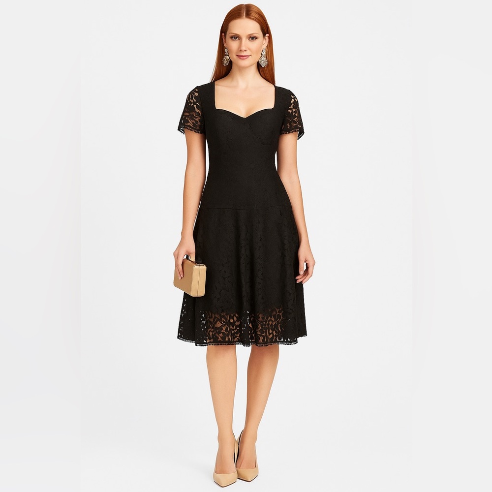 NEW MILLY Black Midi Dress Olivia Sz 10 Lace Overlay Short Sleeve Romantic Chic